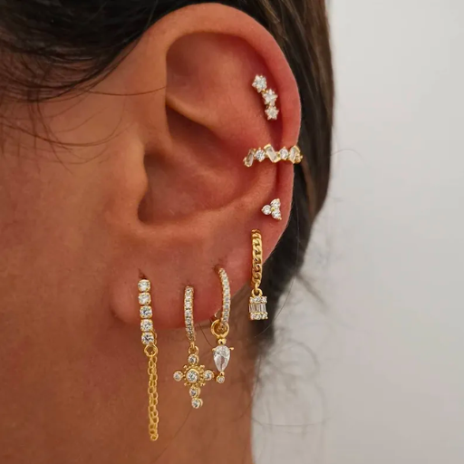 Brincos Dourados Cravejados de Zircônia 7pçs Velavue
