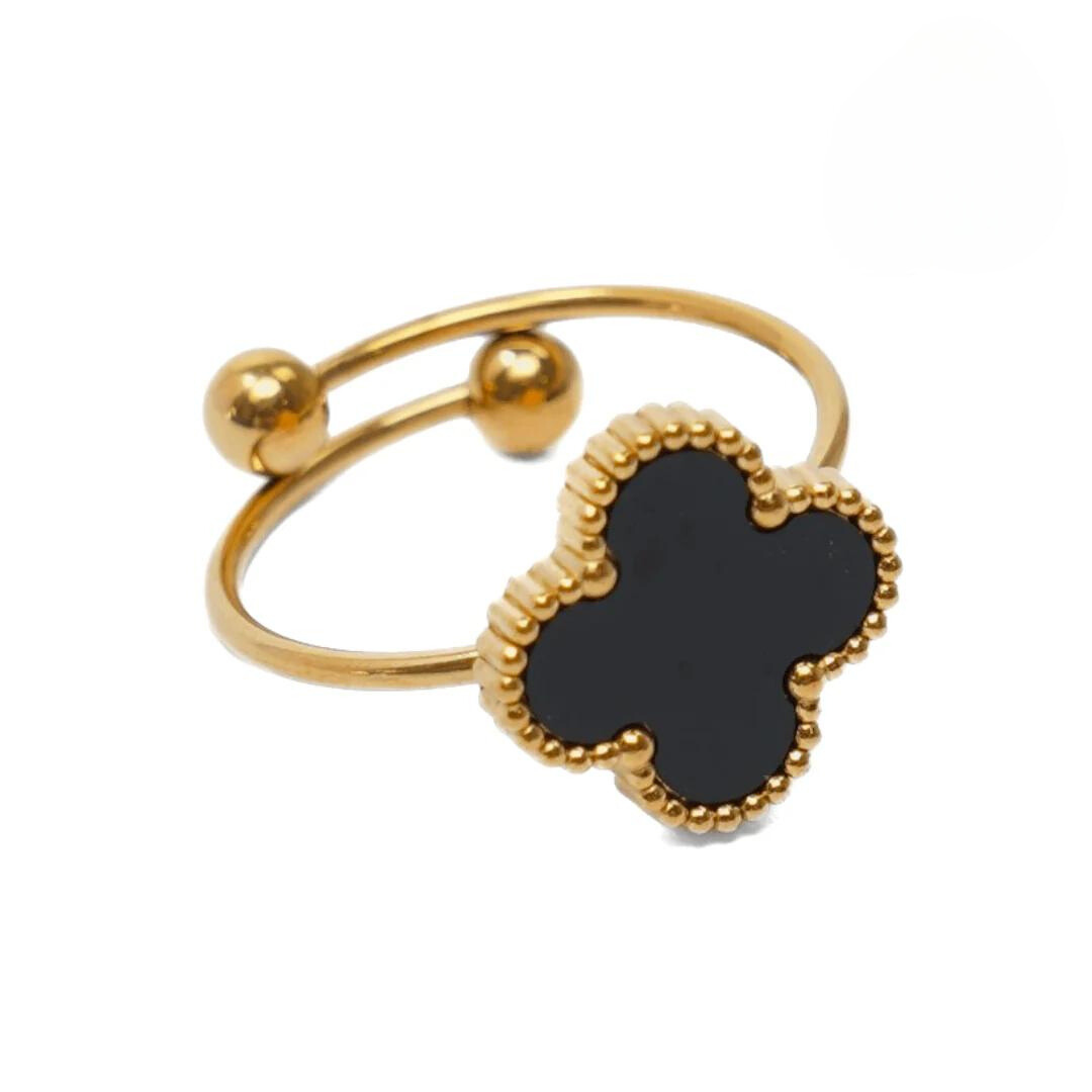 Anel Trevo Preto Ajustável Banhado a Ouro 18K Velavue