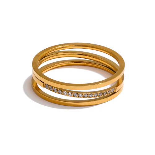 Anel 3 Camadas com Zircônia Banhado a Ouro 18k Velavue