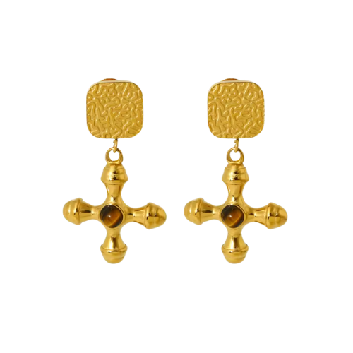 Brinco Cruz com Pedra Natural Banhado a Ouro 18K Velavue