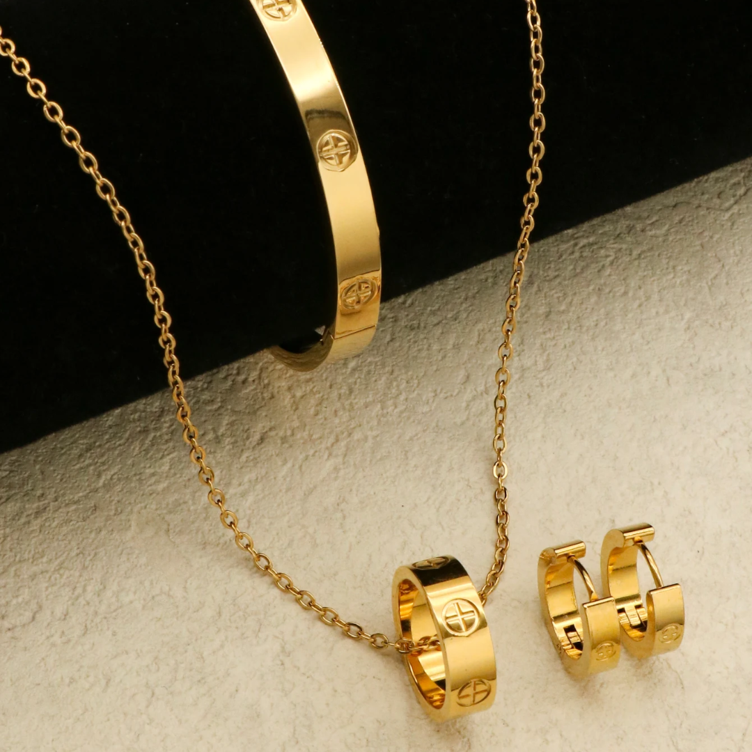 Conjunto Colar Pulseira e Brincos Dourados Velavue