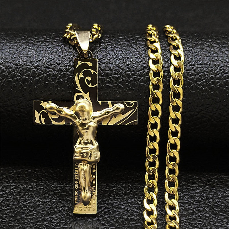 Corrente Crucifico com Pai Nosso Banhando a ouro 18k Velavue