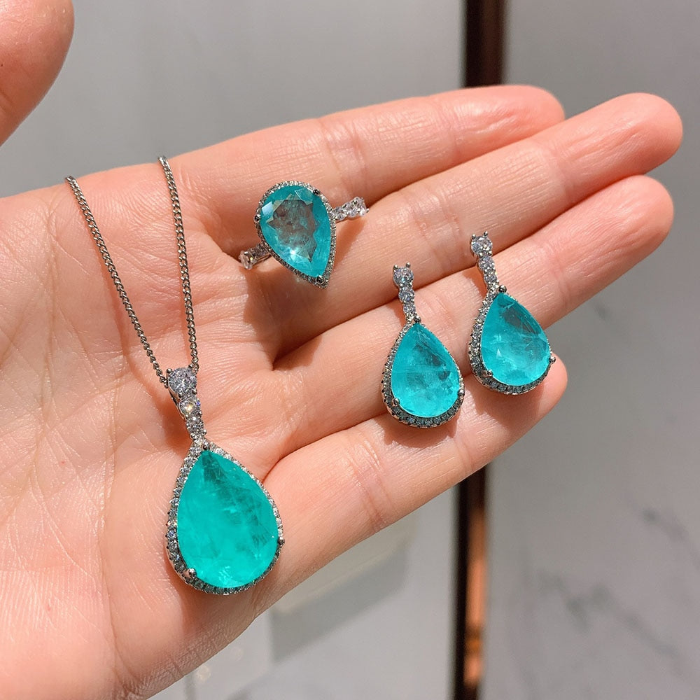 Conjunto Luxury Colar Brincos e Anel Turmalina com Cristais de Zircônia - Prata 925 Velavue