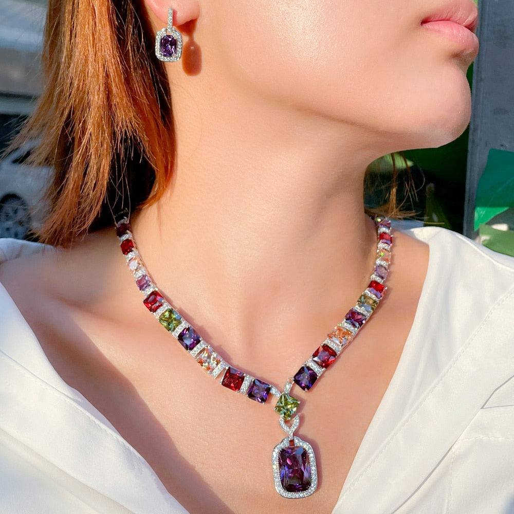 Conjunto Colar e Brinco Zircônia Coloridas Velavue