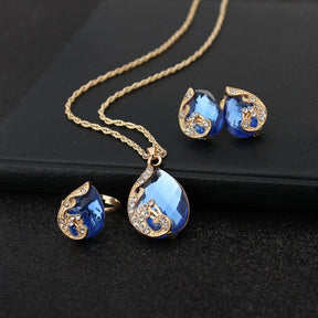 Conjunto Colar Brincos e Anel Gota com Cristais Velavue