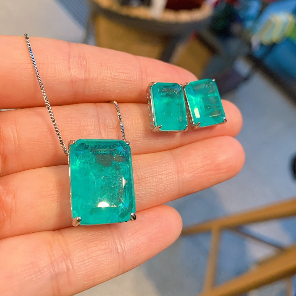 Conjunto Colar e Brincos Pedra de Turmalina Paraíba - Prata 925 Velavue