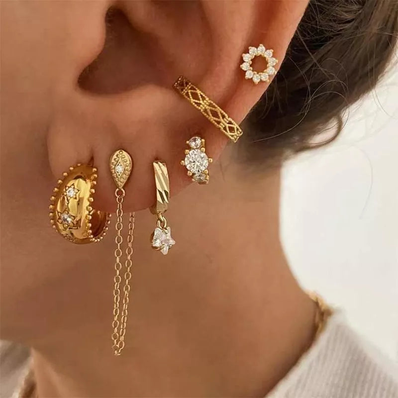 Brincos Dourados com Cristais de Zircônia 6pç Velavue