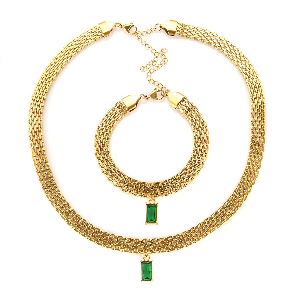 Conjunto Colar e Pulseira de Malha Dourada Pingente de Zircônia Velavue