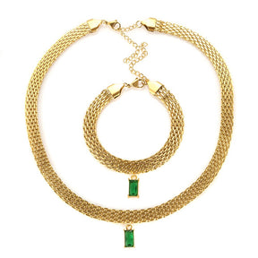 Conjunto Colar e Pulseira de Malha Dourada Pingente de Zircônia Velavue