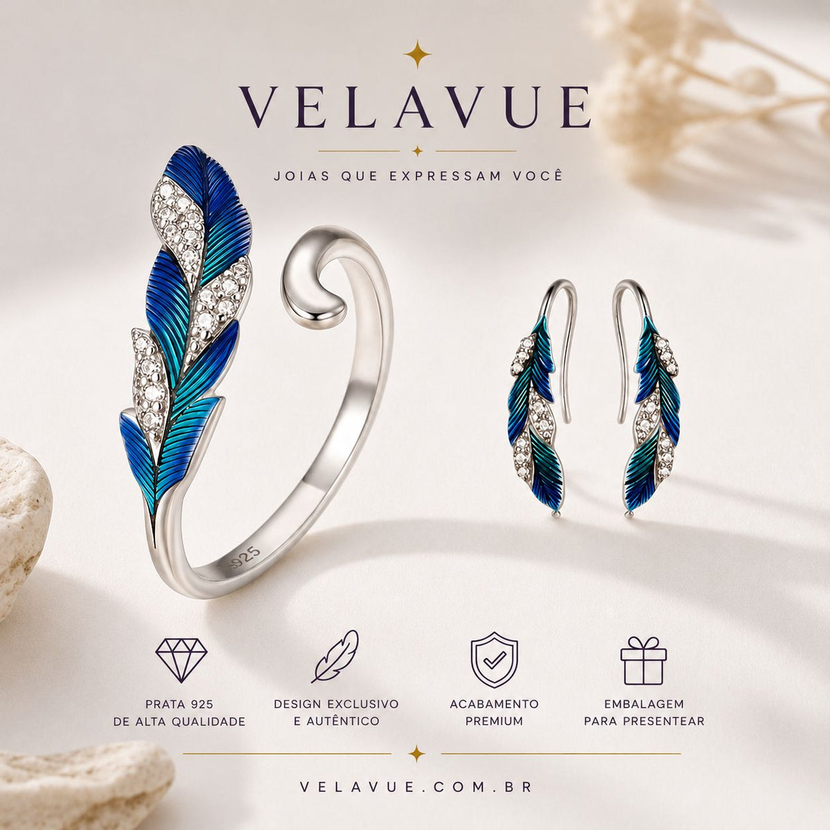 Conjunto Brinco e Anel Penas de Pavão Velavue